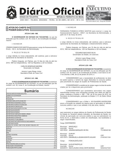 SumÃ¡rio - DiÃ¡rio Oficial - Governo do Estado do Tocantins