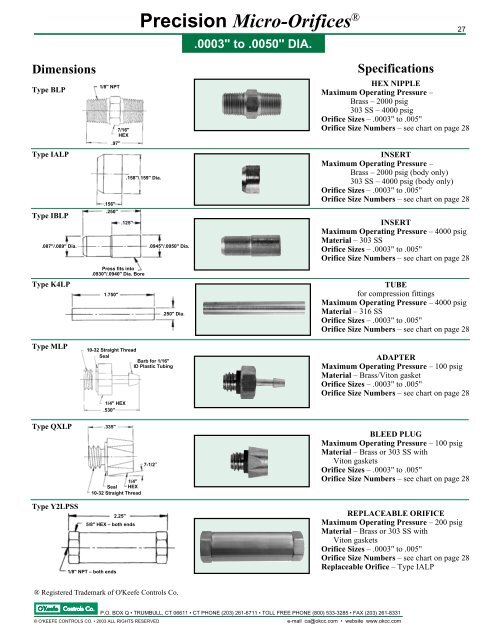 Metal Orifice Assemblies - O'Keefe Controls Inc