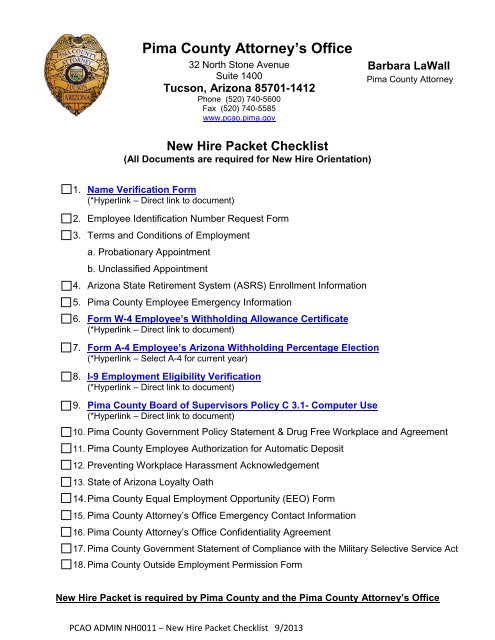 New Hire Checklist - Pima County Attorney