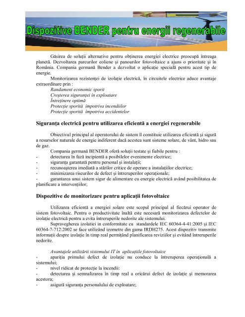 Dispozitive BENDER pentru energii regenerabile (format PDF)