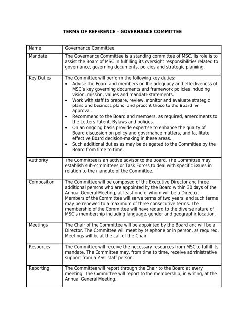 TERMS OF REFERENCE GOVERNANCE COMMITTEE Name terms-of-reference-governance-committee-name