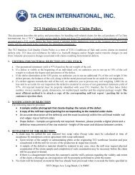 TCI Stainless Coil Quality Claim Policy - Ta Chen International, Inc.