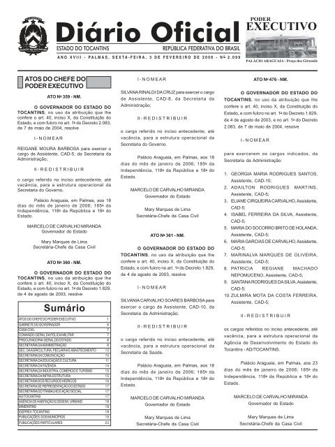 SumÃ¡rio - DiÃ¡rio Oficial - Governo do Estado do Tocantins