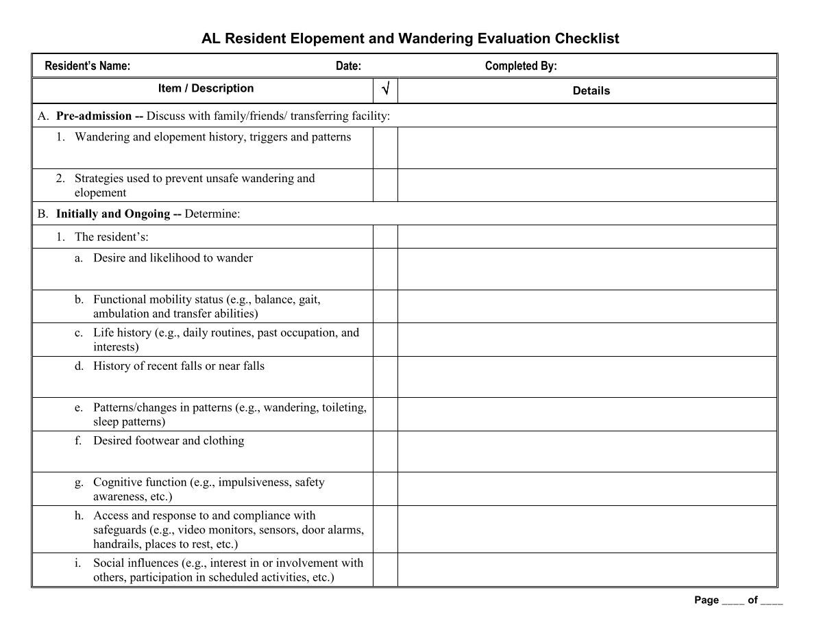 Resident Elopement and Wandering Checklist