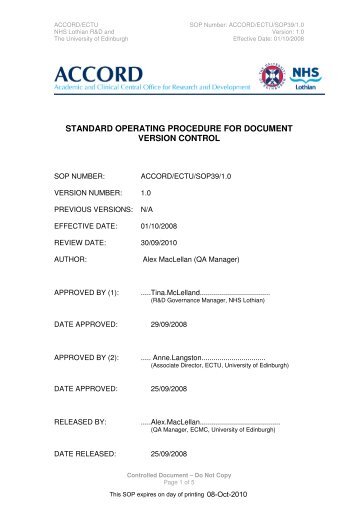 standard operating procedure for document version control - Accord
