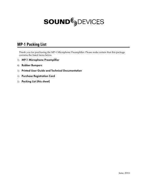 MP-1 Packing List - Sound Devices, LLC