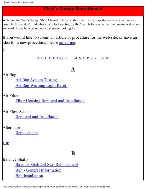 Clark's Garage Shop Manual Index