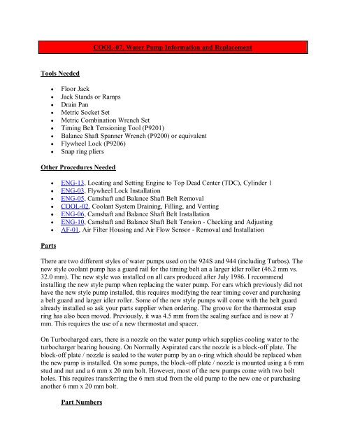 Water pump clearance details