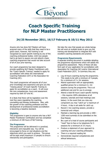 Coach Specific Training for NLP Master Practitioners - The Beyond ...