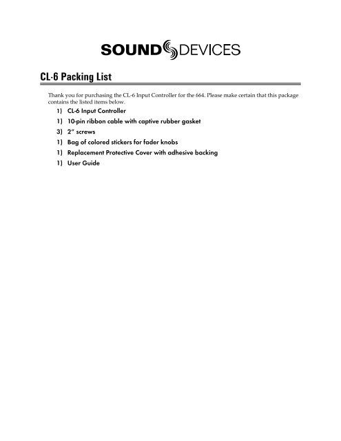 CL-6 User Guide and Technical Information - Sound Devices, LLC