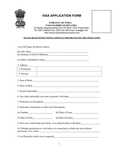 VISA APPLICATION FORM - Embassy of India, Paramaribo, Suriname