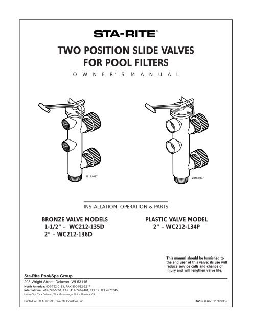 TWO POSITION SLIDE VALVES FOR POOL FILTERS