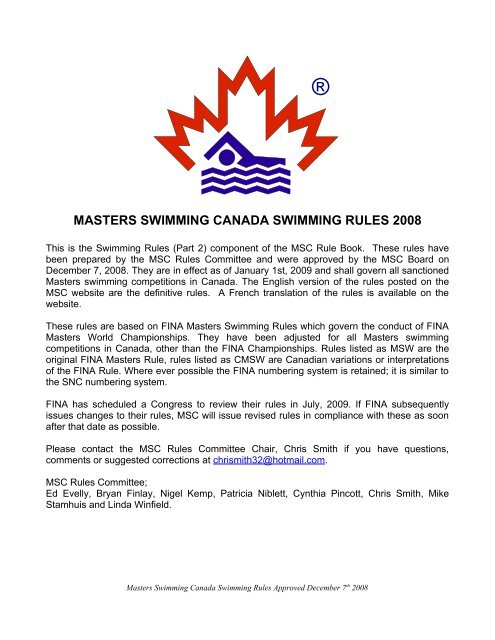 MSC Swimming Rules - Masters Swimming Canada
