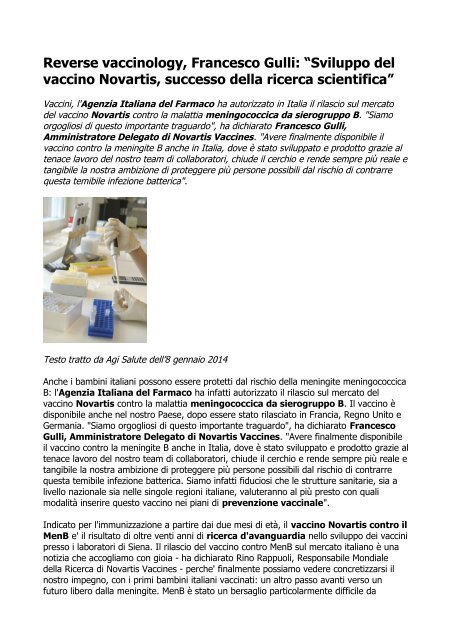 Reverse vaccinology, Francesco Gulli: “Sviluppo del vaccino Novartis, successo della ricerca scientifica”