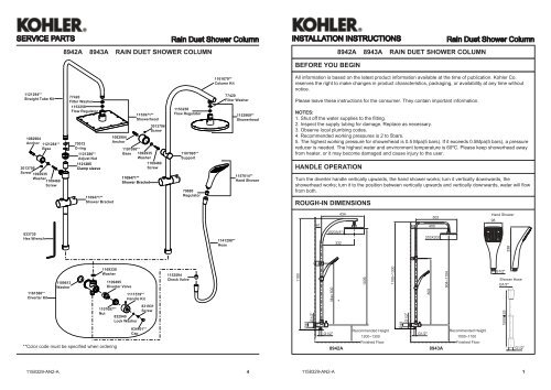 Installation Instructions Service Parts Rain Kohler