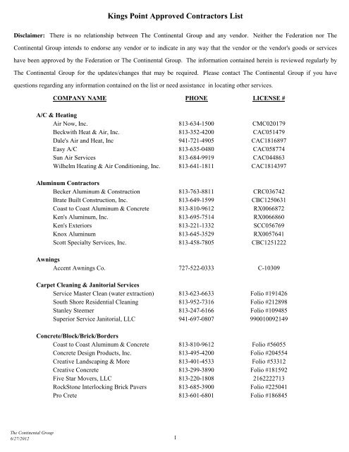 Kings Point Approved Contractors List