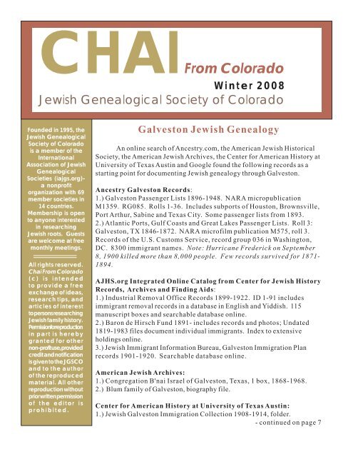 CHAIFrom Colorado - the Jewish Genealogical Society of Colorado
