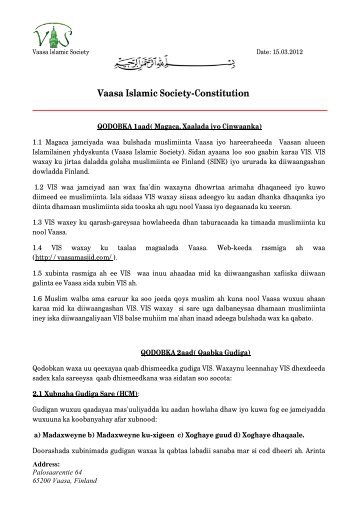 Vaasa Islamic Society-Constitution - Muslims In Vaasa