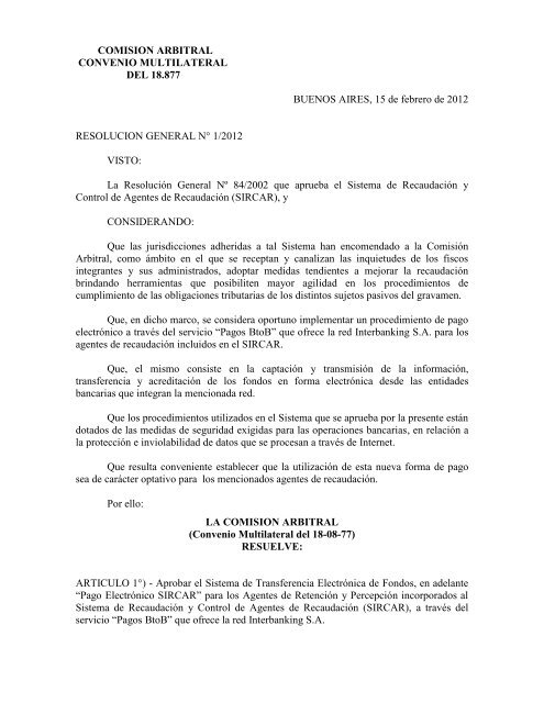 sircar - pago electronico - Comisión Arbitral del Convenio Multilateral