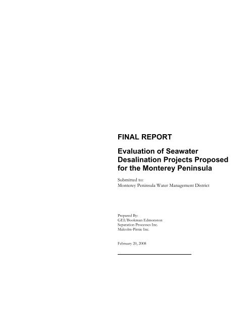 FINAL REPORT Evaluation of Seawater Desalination Projects ...