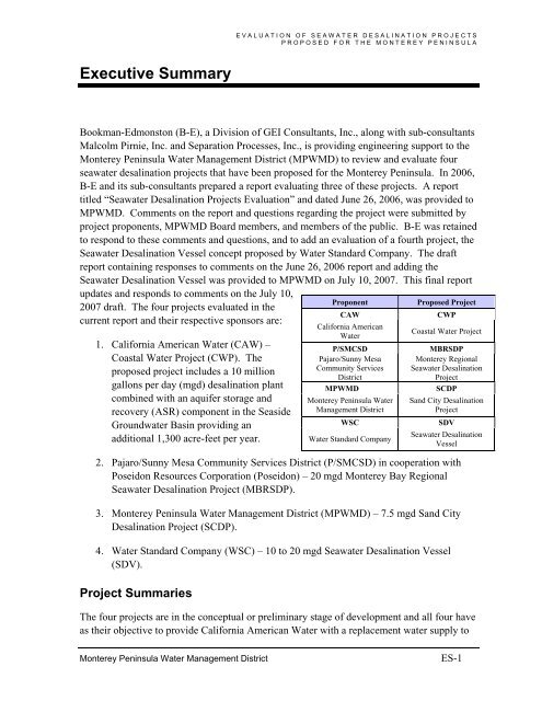 FINAL REPORT Evaluation of Seawater Desalination Projects ...