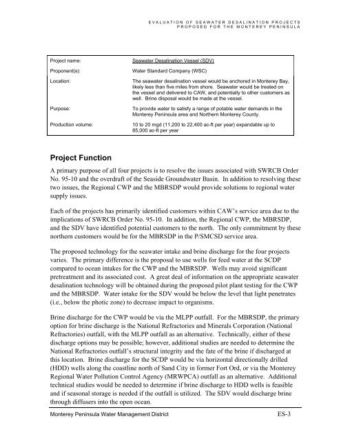 FINAL REPORT Evaluation of Seawater Desalination Projects ...