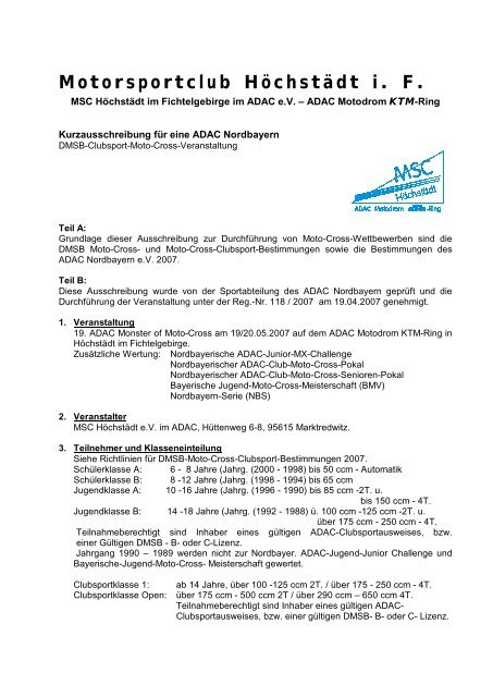 Kurzausschreibung für eine ADAC Nordbayern - MSC Höchstädt