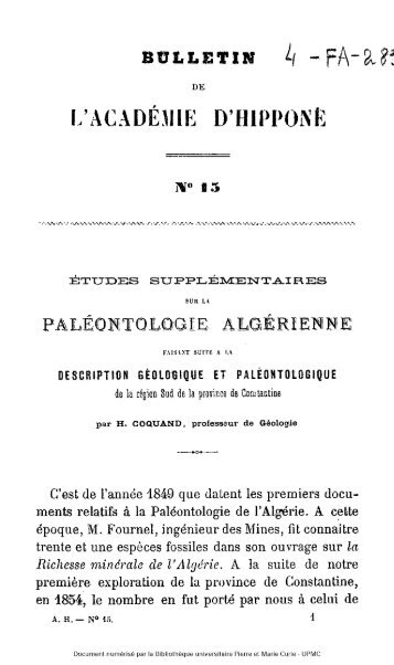 DESCRIPTION GÉOLOGIQUE ET PALÉONTOLOGIQUE ALGERIE