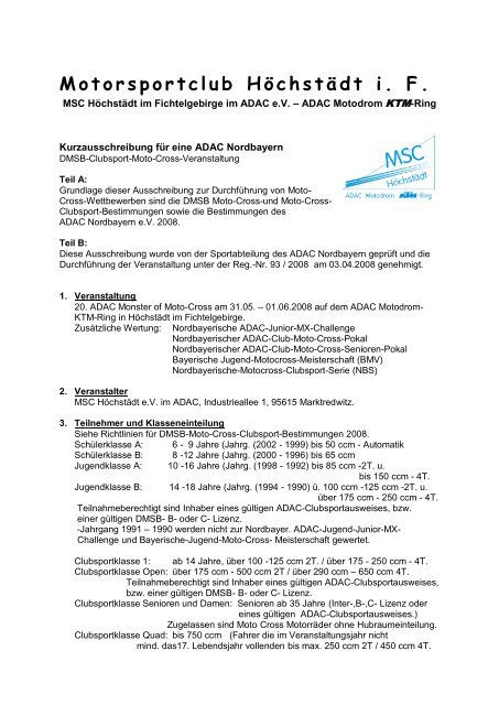 Kurzausschreibung für eine ADAC Nordbayern - MSC Höchstädt
