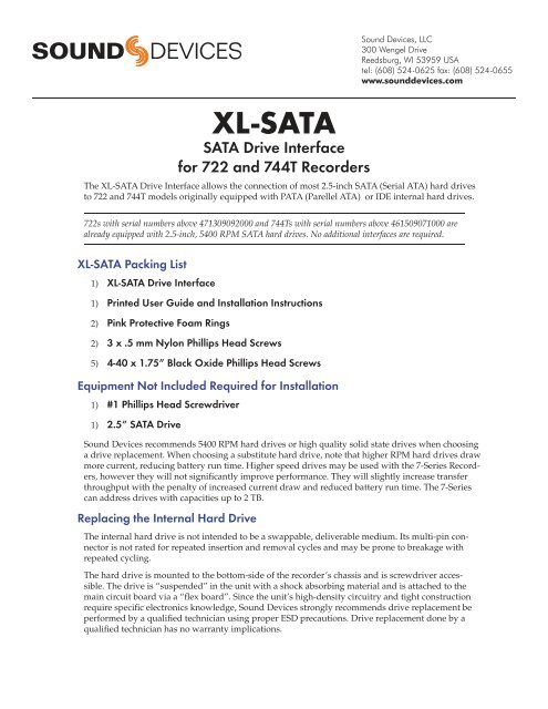 XL-SATA User Guide and Installation Instructions - Sound Devices ...