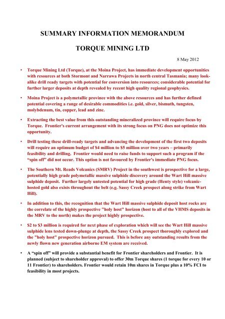 SUMMARY INFORMATION MEMORANDUM TORQUE MINING LTD