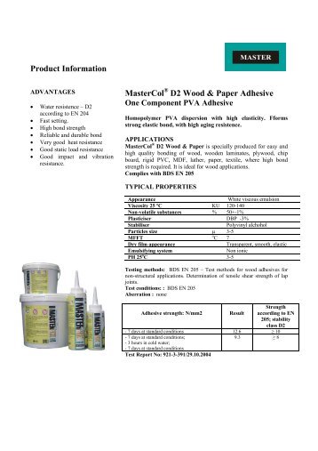 Product Information MasterColÂ® D2 Wood & Paper Adhesive