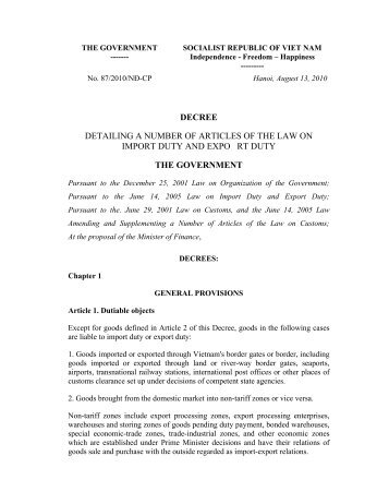 decree detailing a number of articles of the law on import duty and ...