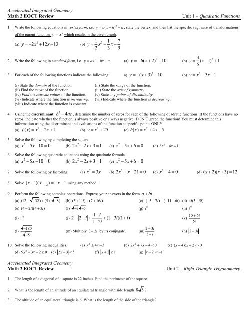 Accelerated Integrated Geometry Math 2 EOCT Review Unit 1 ...
