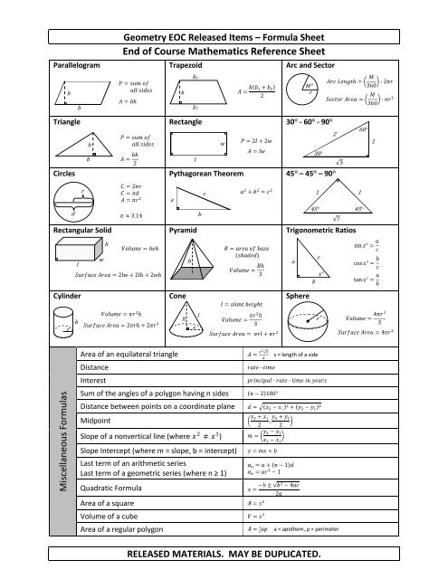 Geometry Eoc Formula Chart