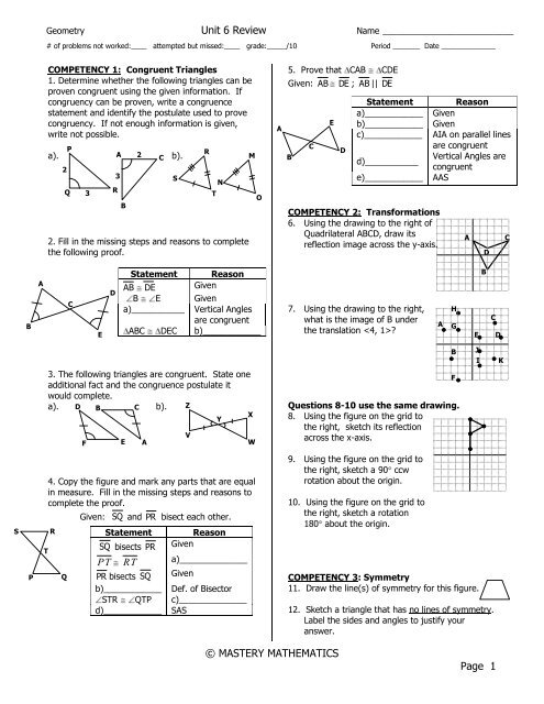 Unit 6 Triangle Congruency Test - Triangle Congruence ...