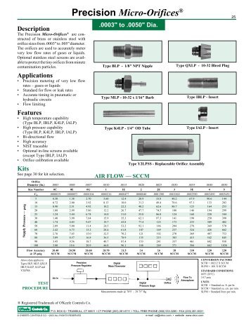 Precision Micro-Orifices - O'Keefe Controls Inc