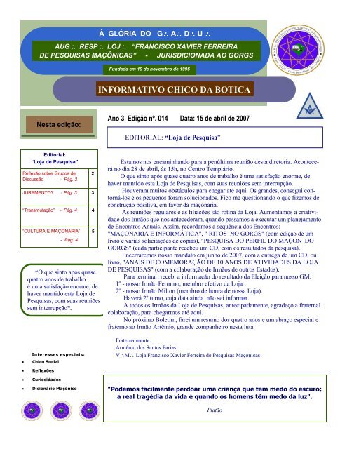 NÃºmero 14 - Publicado em 15/04/2007 - Guia MaÃ§Ã´nico do Rio ...