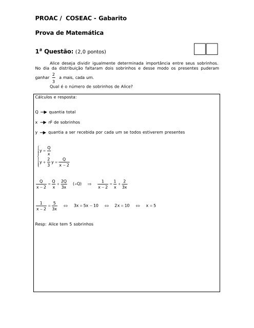 PROAC / COSEAC - Gabarito Prova de MatemÃ¡tica - UFF