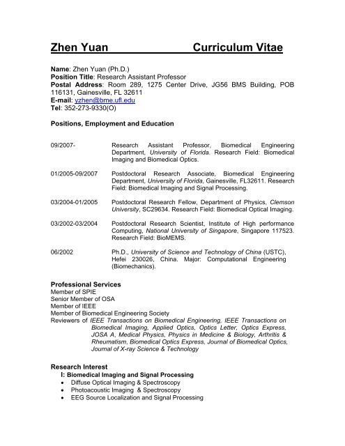 Zhen Yuan Curriculum Vitae - Biomedical Engineering - University ...