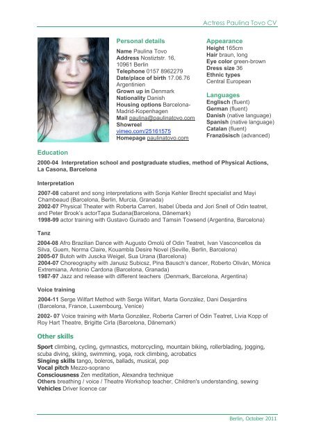 Actress Paulina Tovo CV Personal details Appearance Languages ...