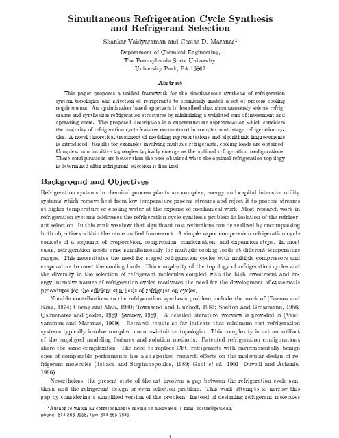 Simultaneous Refrigeration Cycle Synthesis and Refrigerant Selection