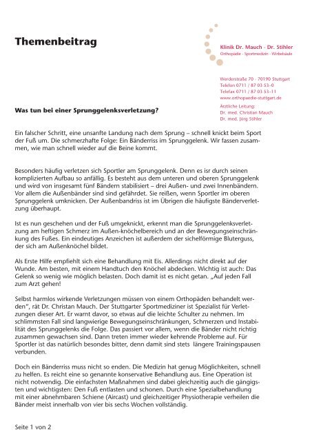 Was Tun Bei Einer Sprunggelenksverletzung Privatklinik Stuttgart De