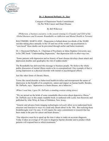 Dr. J. Raymond DePaulo, Jr., Says Conquest of Depression Needs ...