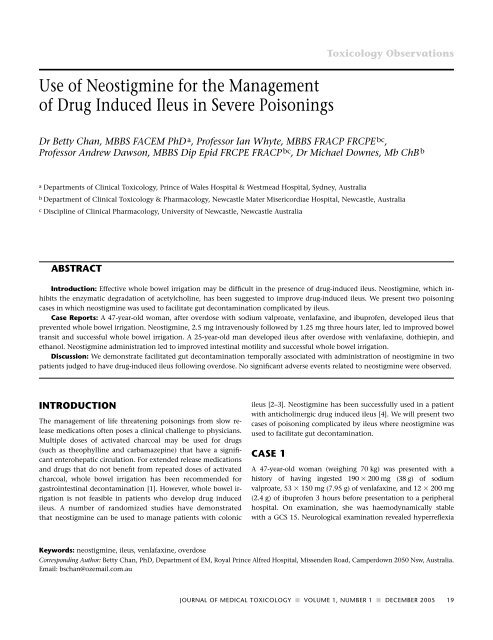 Use of Neostigmine for the Management of Drug Induced Ileus in ...