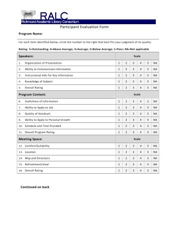 Participant Evaluation Form for RALC Program - Library