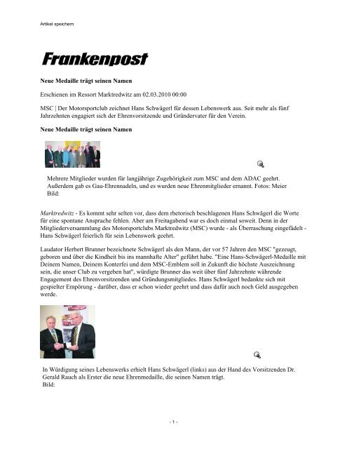 Pressebericht Frankenpost - MSC Marktredwitz