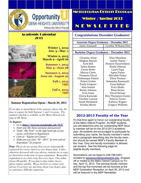 Winter Spring Newsletter 2013 Siena Heights University siena 2021 academic calendar