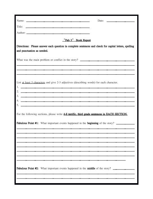 Name: Date: Title: Author: âFab 3â Book Report ... - Third Grade