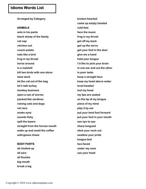 Idioms Words List - slp lesson plans